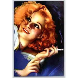 Glamour Girl Red Hair Smoking Art Portrait Vintage Style Illustration‎ c1950s